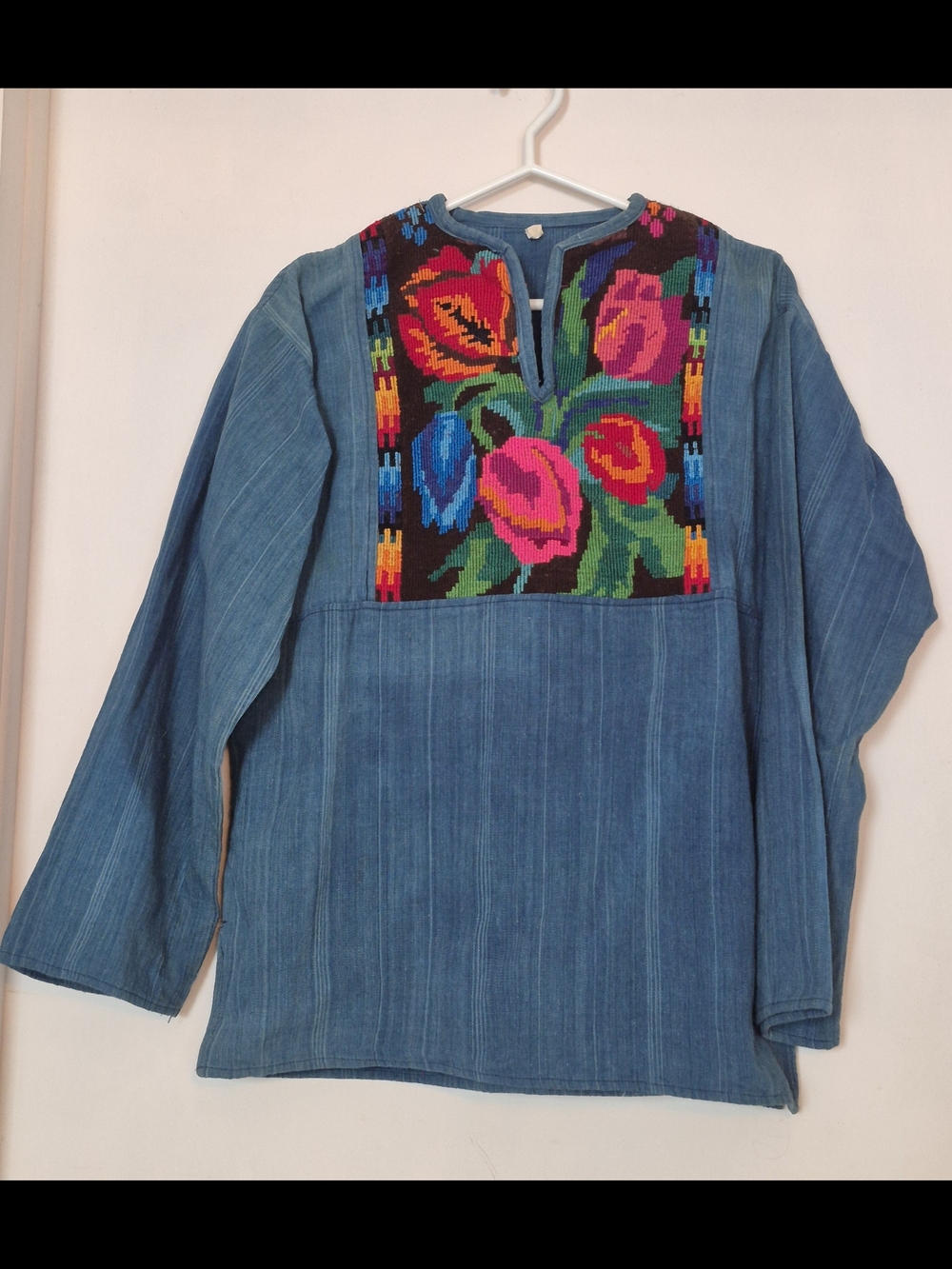 Vintage 70s Guatemala Embroidered Floral And Denim Top - Picture 2 of 5